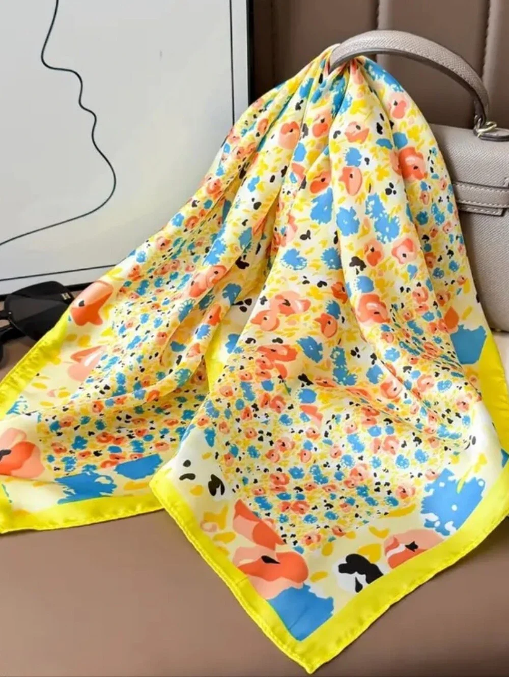 Silk-feel  Floral Yellow Women's Neck Scarf , Head Scarf
